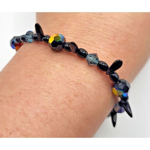Faceted Black Oil Spill Beaded Anklet Bracelet 8in - Picture 1 of 5